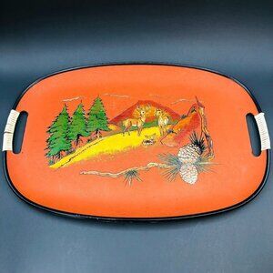 60s Fiberware Serving Tray Hand Painted Woodland Mountain Scene Deer Family